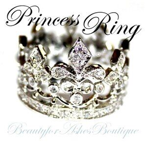 Brass White Gold Pl Fleur de Lis Royalty Princess Clear CZ Crown of Life Ring 8